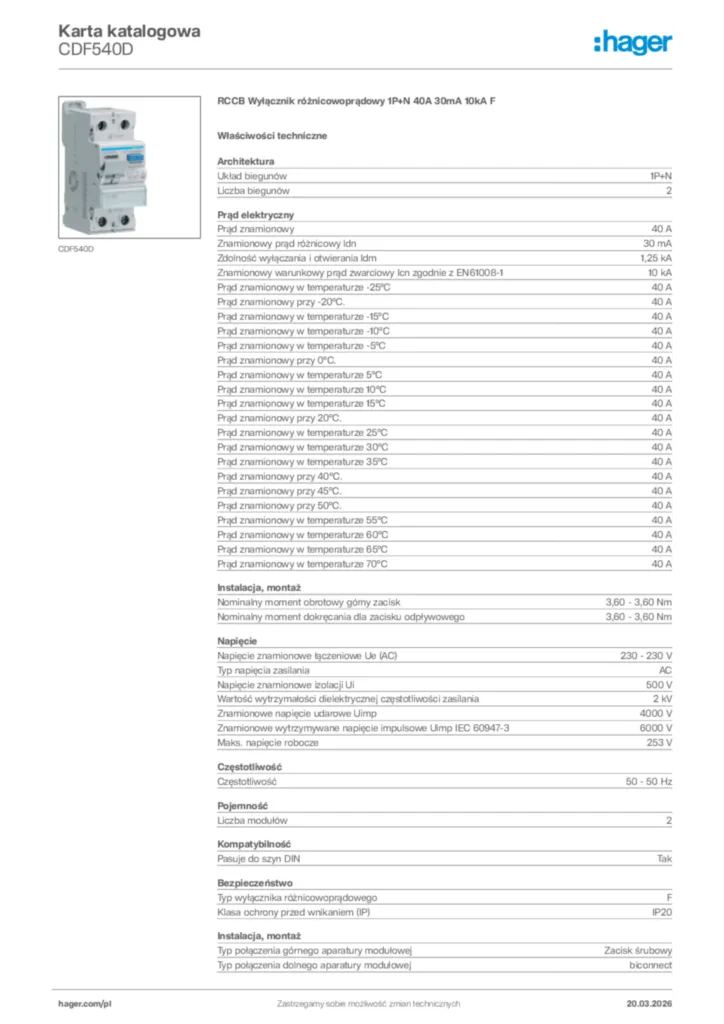Zdjęcie Hager Karta katalogowa CDF540D | Hager Polska