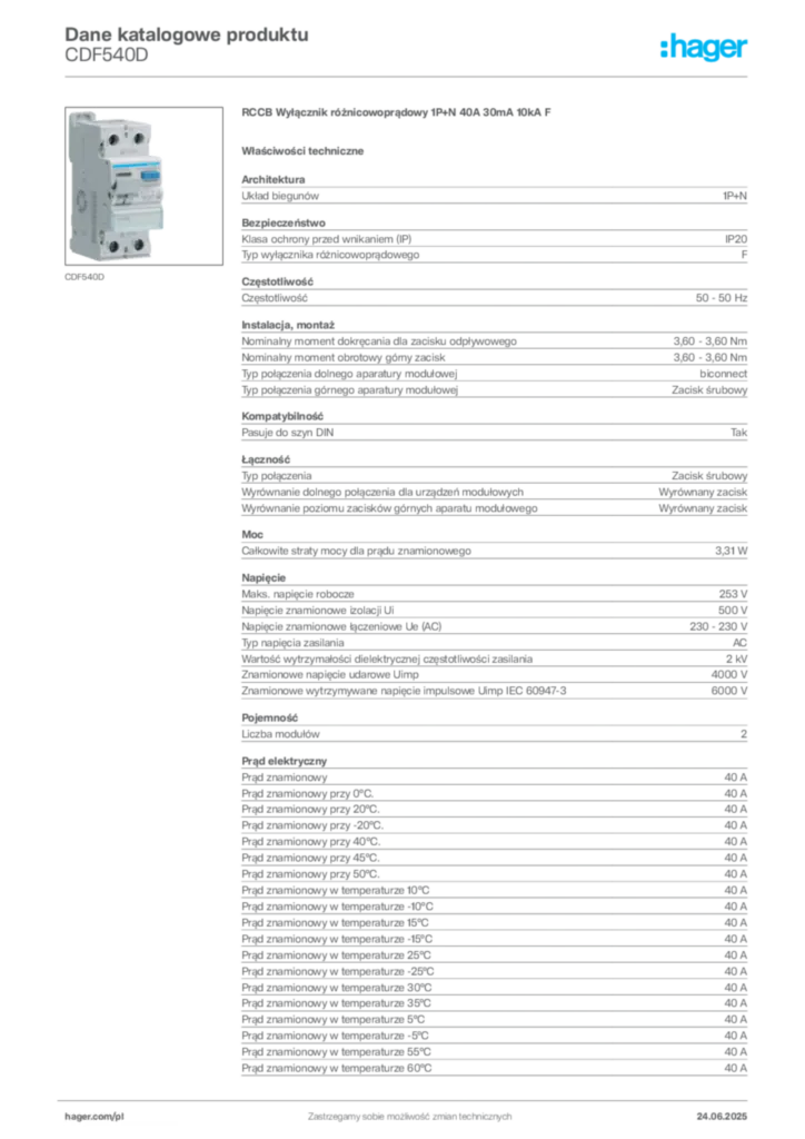 Zdjęcie Hager Dane katalogowe produktu CDF540D | Hager Polska
