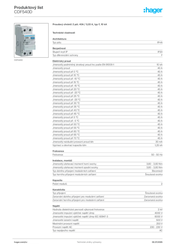 Obrázek Hager Product data sheet CDF540D | Hager