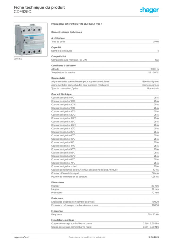 Image Hager Fiche technique du produit CDF625C | Hager Suisse