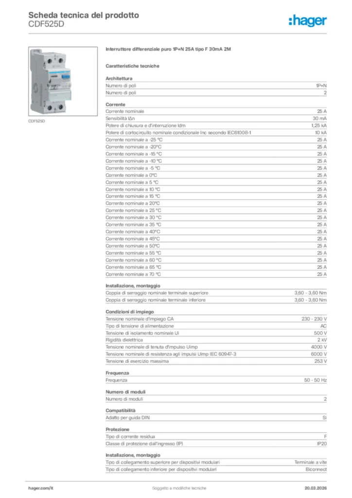 Immagine Hager Scheda tecnica del prodotto CDF525D | Hager Italia