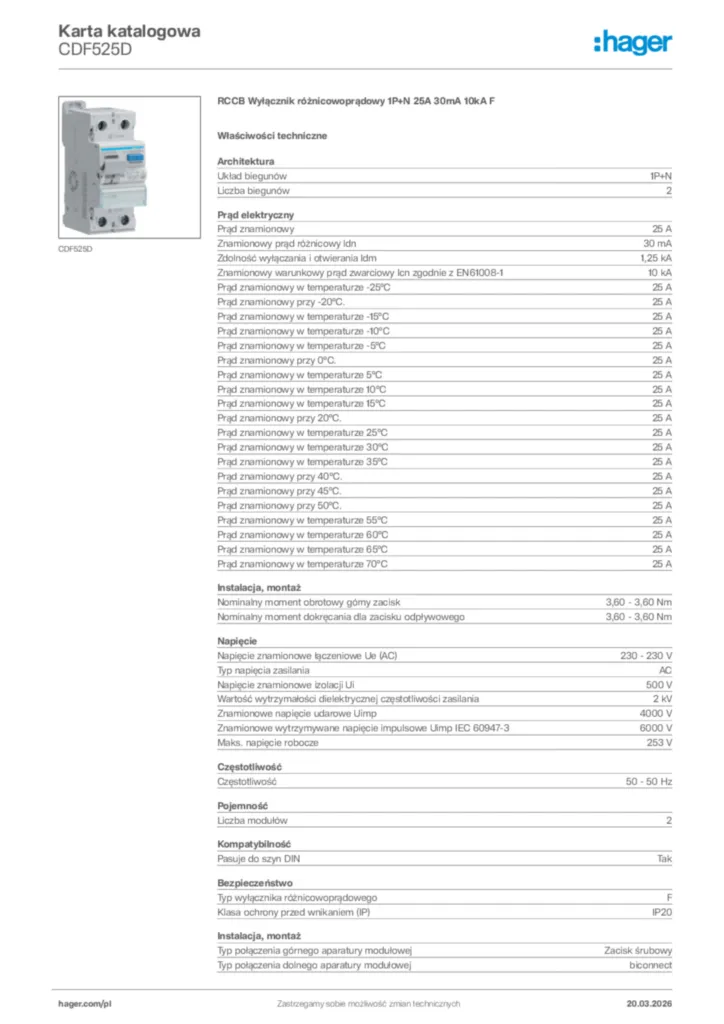 Zdjęcie Hager Karta katalogowa CDF525D | Hager Polska