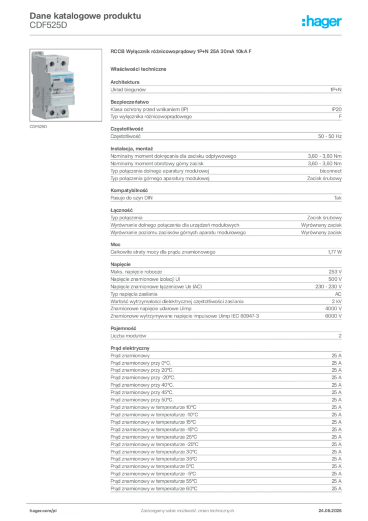 Zdjęcie Hager Dane katalogowe produktu CDF525D | Hager Polska