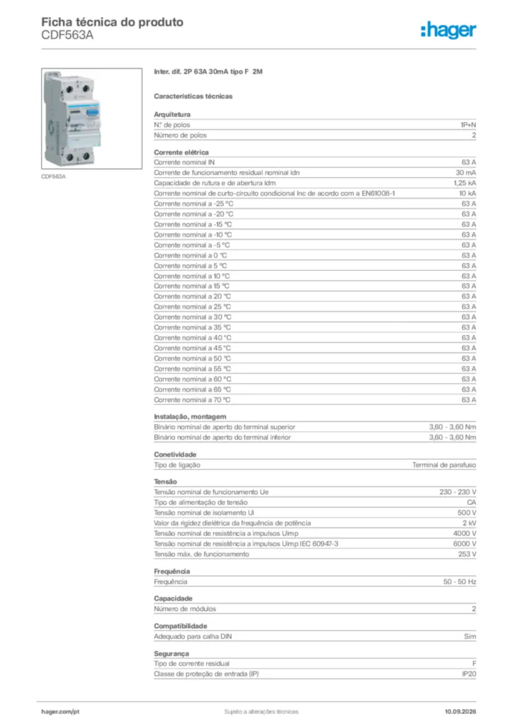 Imagem Hager Ficha técnica do produto CDF563A | Hager Portugal