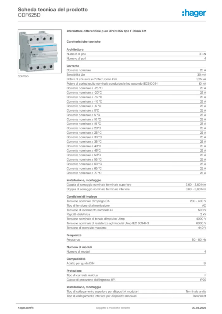Immagine Hager Scheda tecnica del prodotto CDF625D | Hager Italia