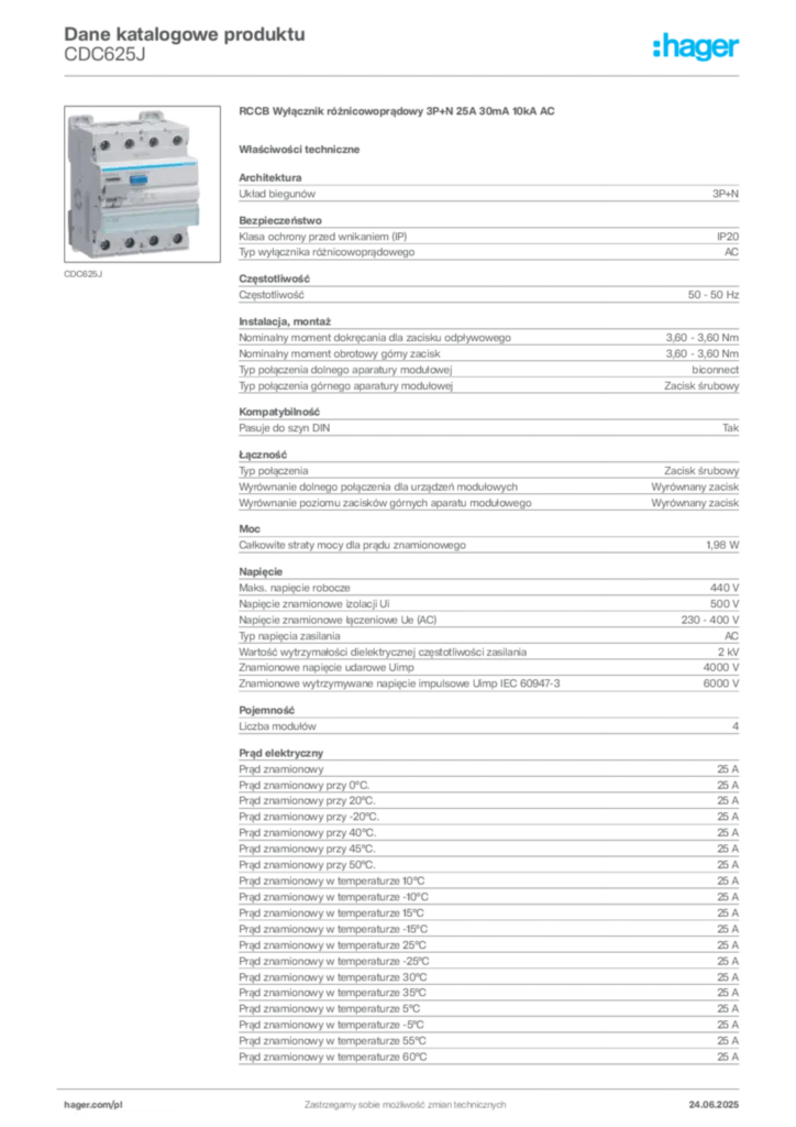 Zdjęcie Hager Dane katalogowe produktu CDC625J | Hager Polska