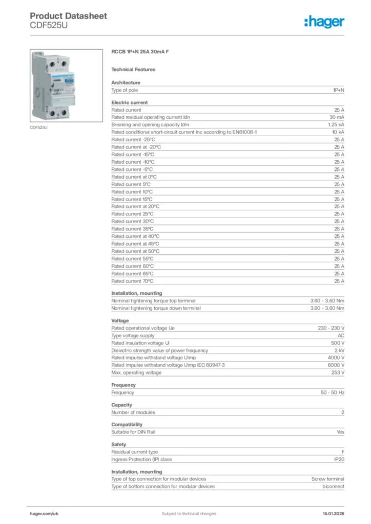 Image Hager Product data sheet CDF525U  | Hager