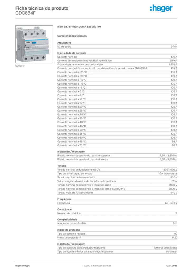 Imagem Hager Ficha técnica do produto CDC684F | Hager Portugal