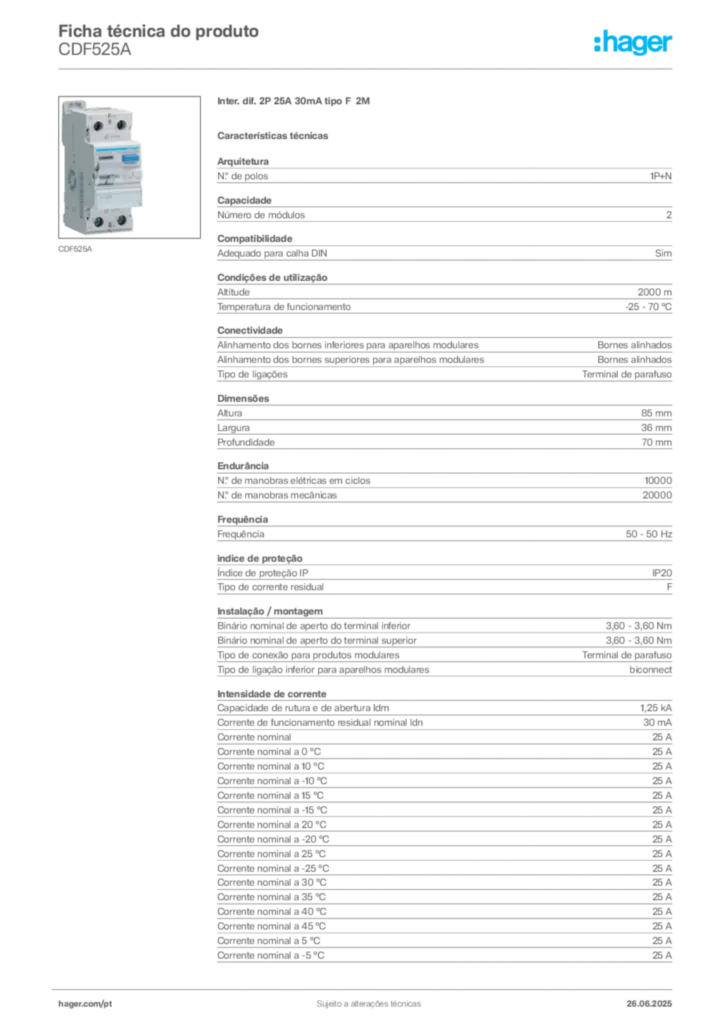 Imagem Hager Ficha técnica do produto CDF525A | Hager Portugal