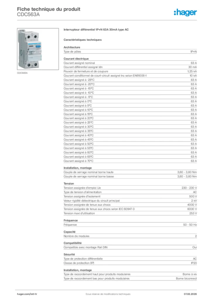 Image Hager Fiche technique du produit CDC563A | Hager Afrique
