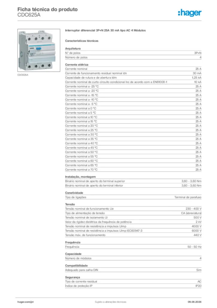 Imagem Hager Ficha técnica do produto CDC625A | Hager Portugal