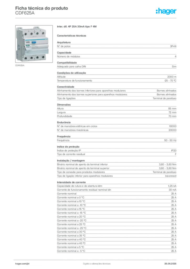 Imagem Hager Ficha técnica do produto CDF625A | Hager Portugal