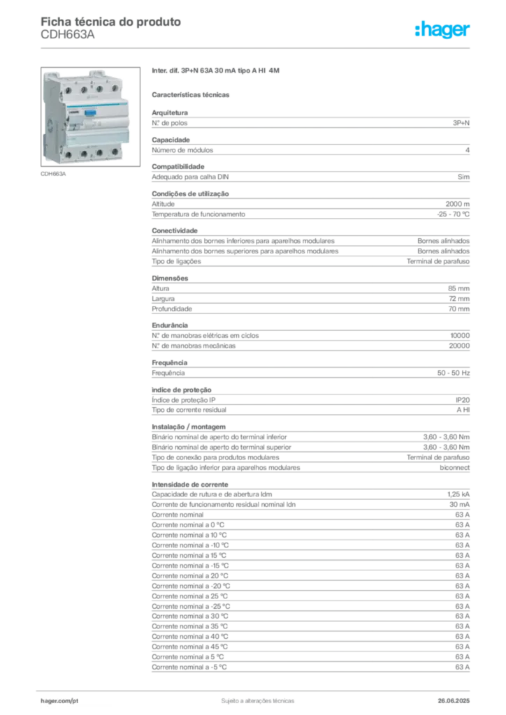 Imagem Hager Ficha técnica do produto CDH663A | Hager Portugal