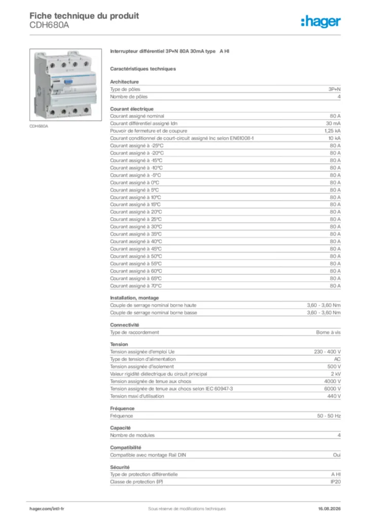 Image Hager Fiche technique du produit CDH680A | Hager Afrique