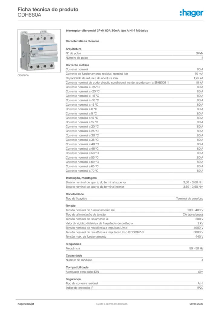 Imagem Hager Ficha técnica do produto CDH680A | Hager Portugal