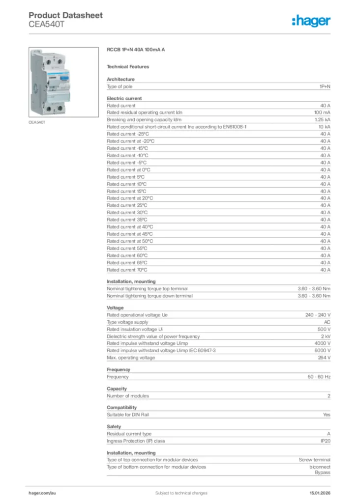 Image Hager Product data sheet CEA540T  | Hager Australia