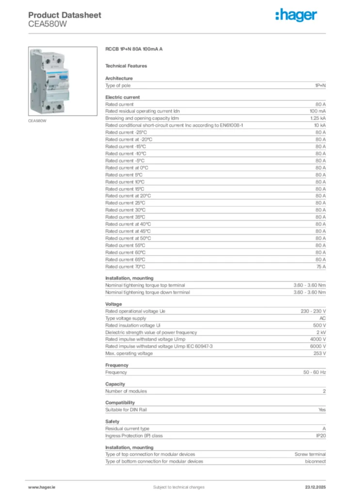 Image Hager Product data sheet CEA580W  | Hager