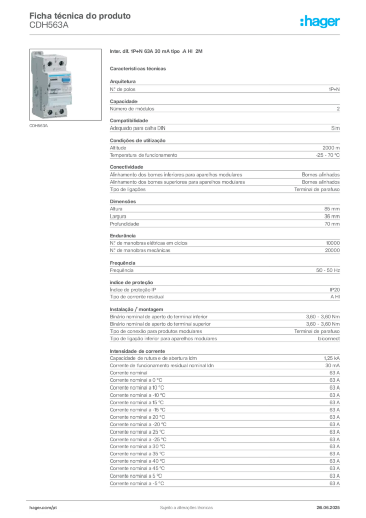 Imagem Hager Ficha técnica do produto CDH563A | Hager Portugal