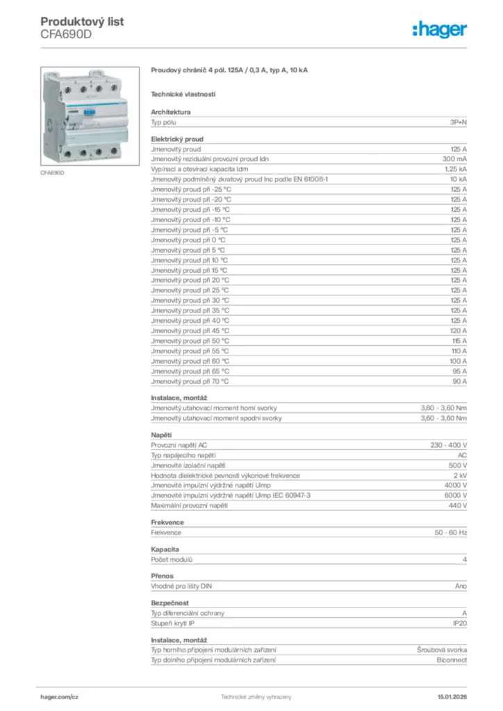 Obrázek Hager Product data sheet CFA690D | Hager