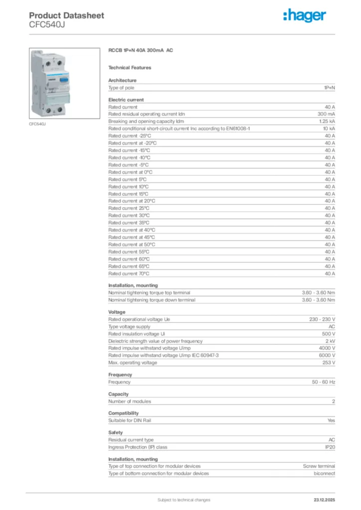 Image Hager Product data sheet CFC540J  | Hager Africa