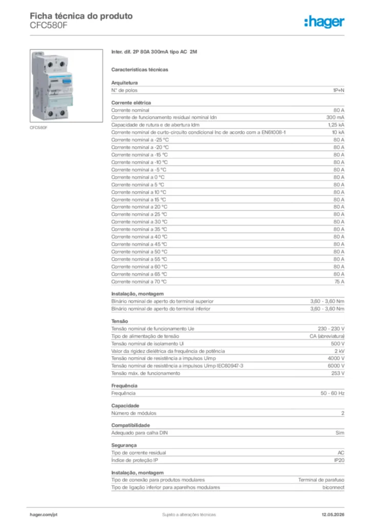 Imagem Hager Ficha técnica do produto CFC580F | Hager Portugal