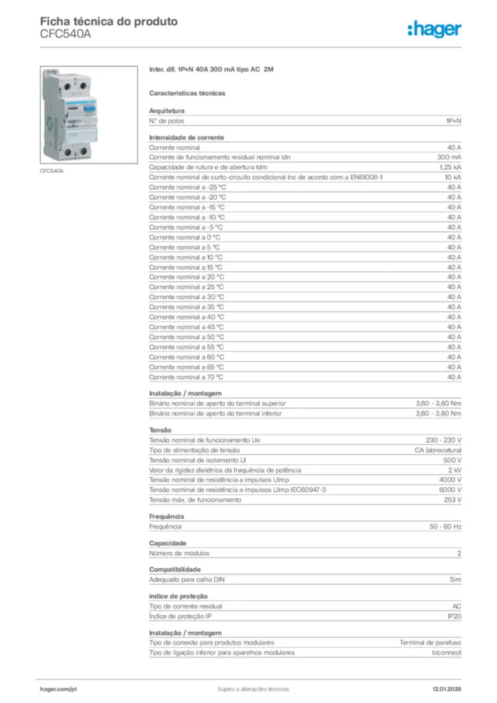 Imagem Hager Ficha técnica do produto CFC540A | Hager Portugal