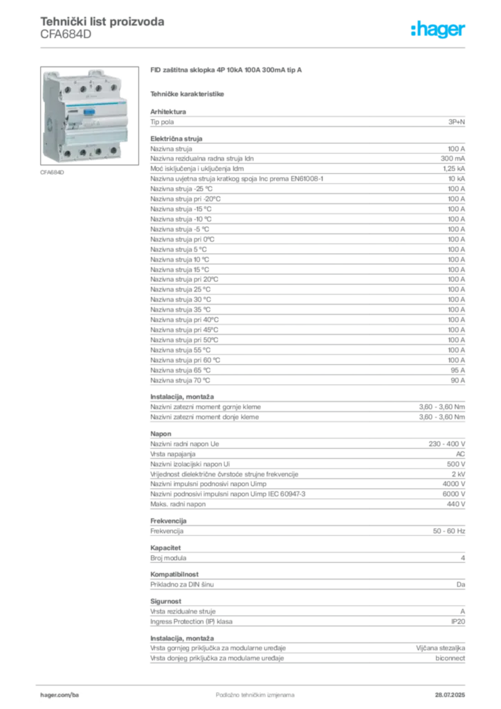 Slika Hager Product data sheet CFA684D  | Hager