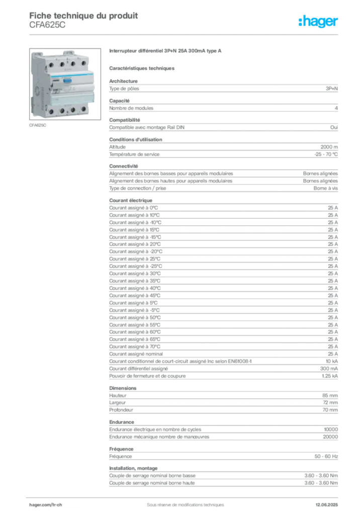 Image Hager Fiche technique du produit CFA625C | Hager Suisse