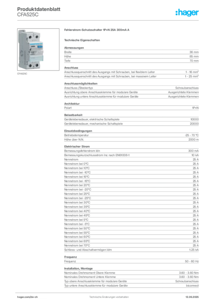 Bild Hager Produktdatenblatt CFA525C | Hager Schweiz