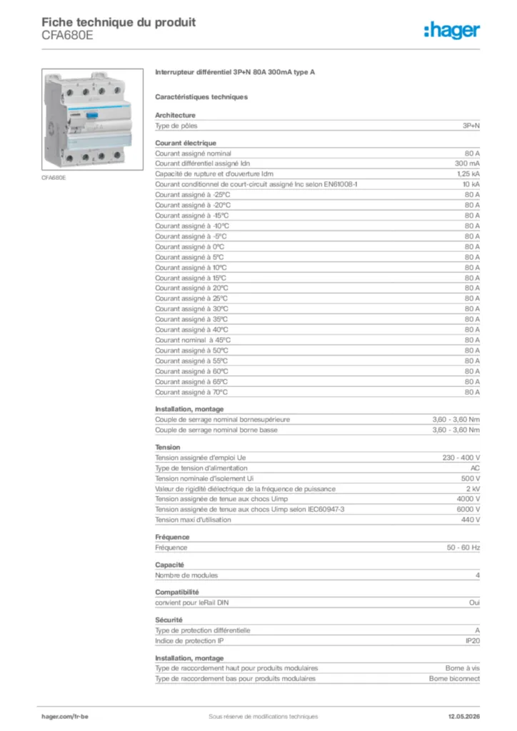 Image Hager Fiche technique du produit CFA680E | Hager Belgique
