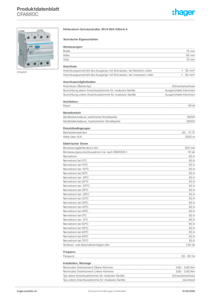 Bild Hager Produktdatenblatt CFA680C | Hager Schweiz