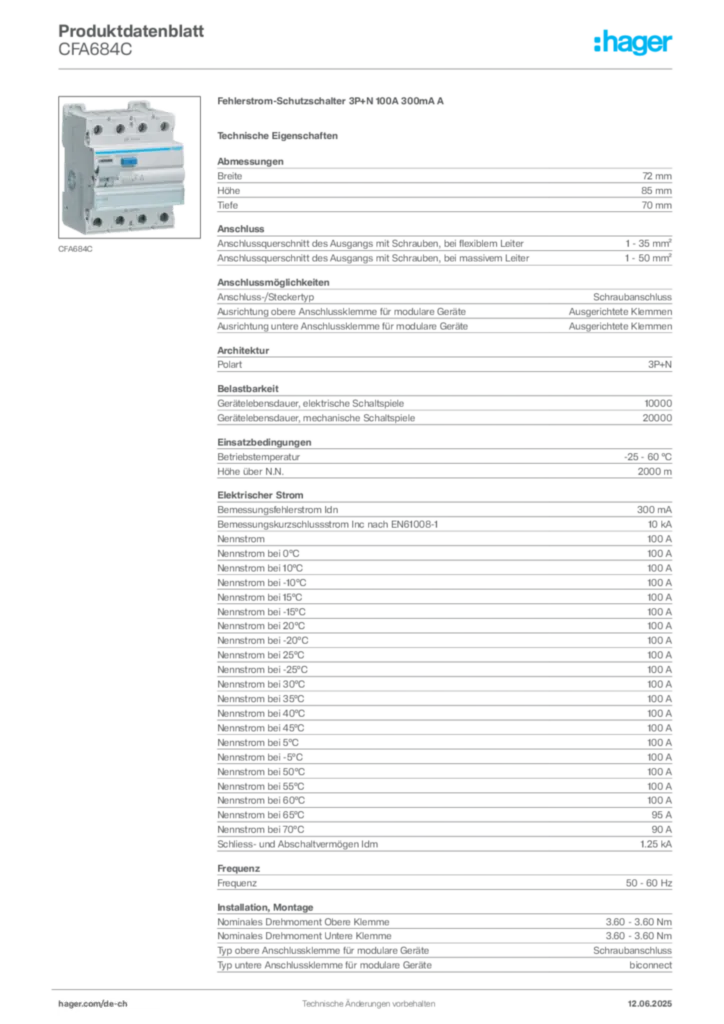 Bild Hager Produktdatenblatt CFA684C | Hager Schweiz