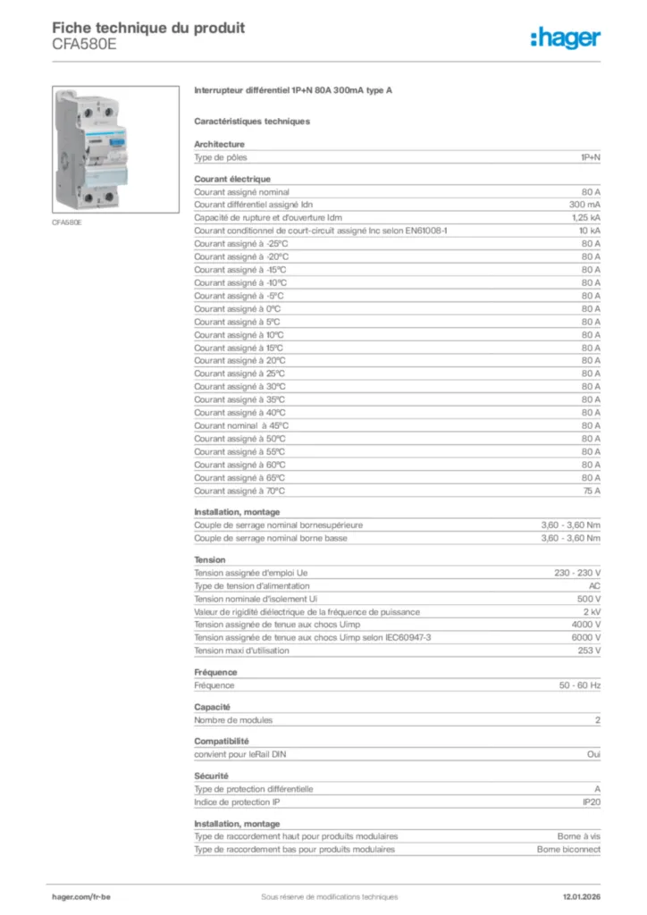 Image Hager Fiche technique du produit CFA580E | Hager Belgique