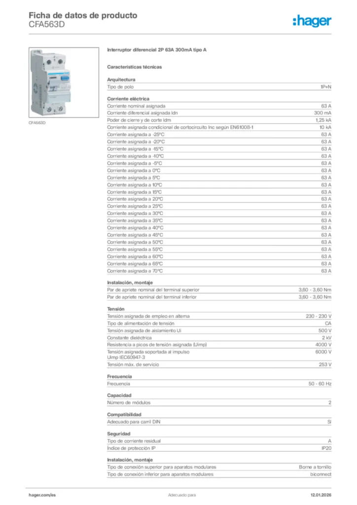 Imagen Hager Ficha de datos de producto CFA563D | Hager España