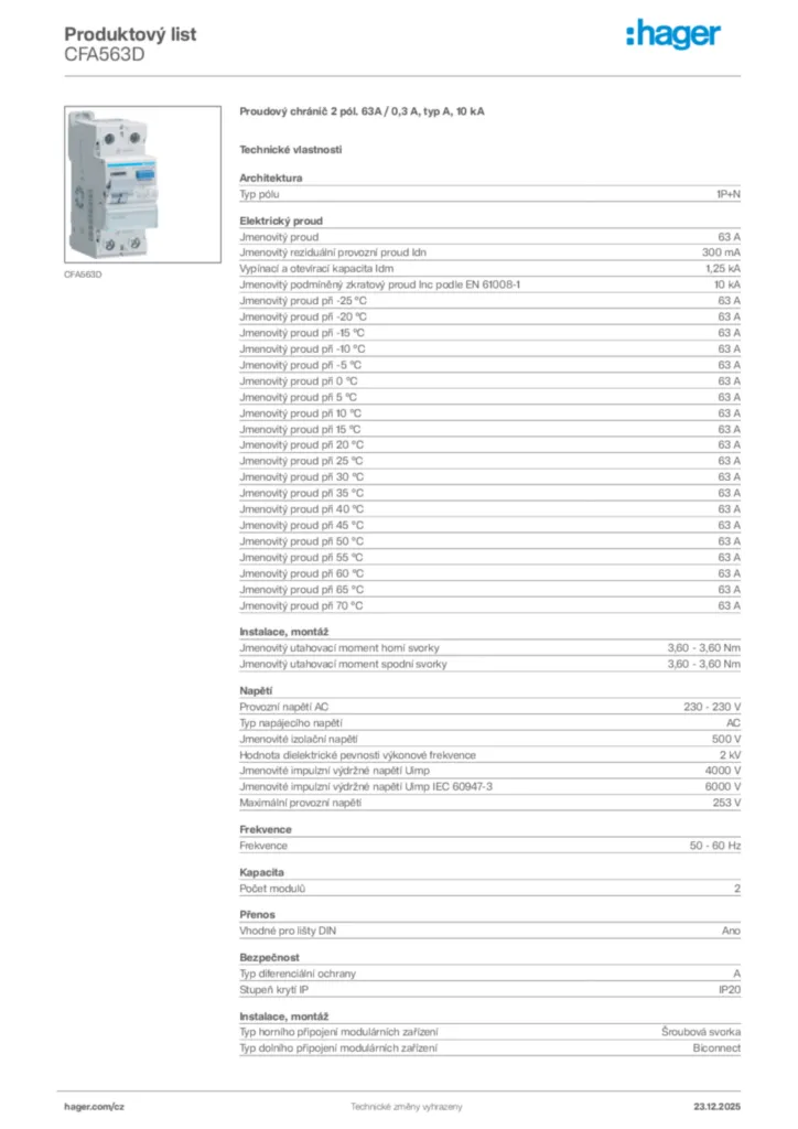 Obrázek Hager Product data sheet CFA563D | Hager