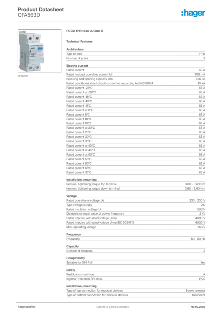 Image Hager Product data sheet CFA563D  | Hager