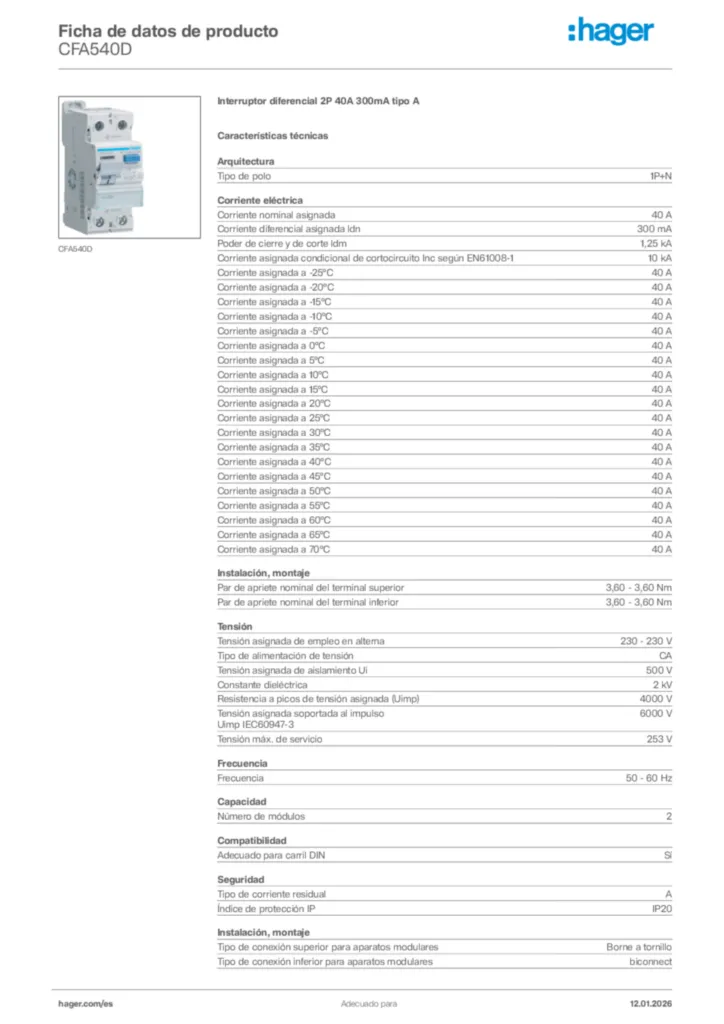 Imagen Hager Ficha de datos de producto CFA540D | Hager España