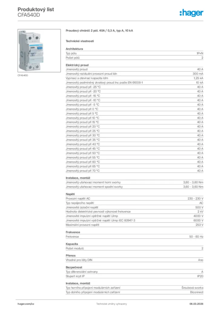 Obrázek Hager Product data sheet CFA540D | Hager