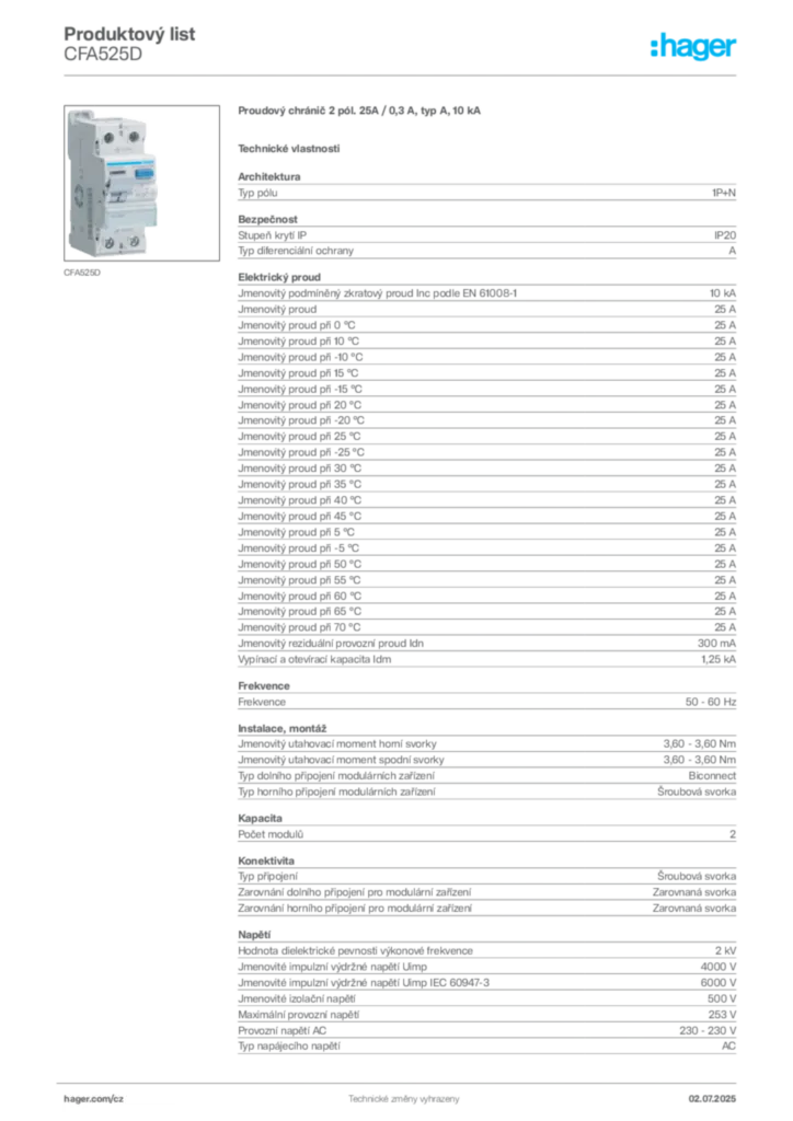 Obrázek Hager Product data sheet CFA525D | Hager