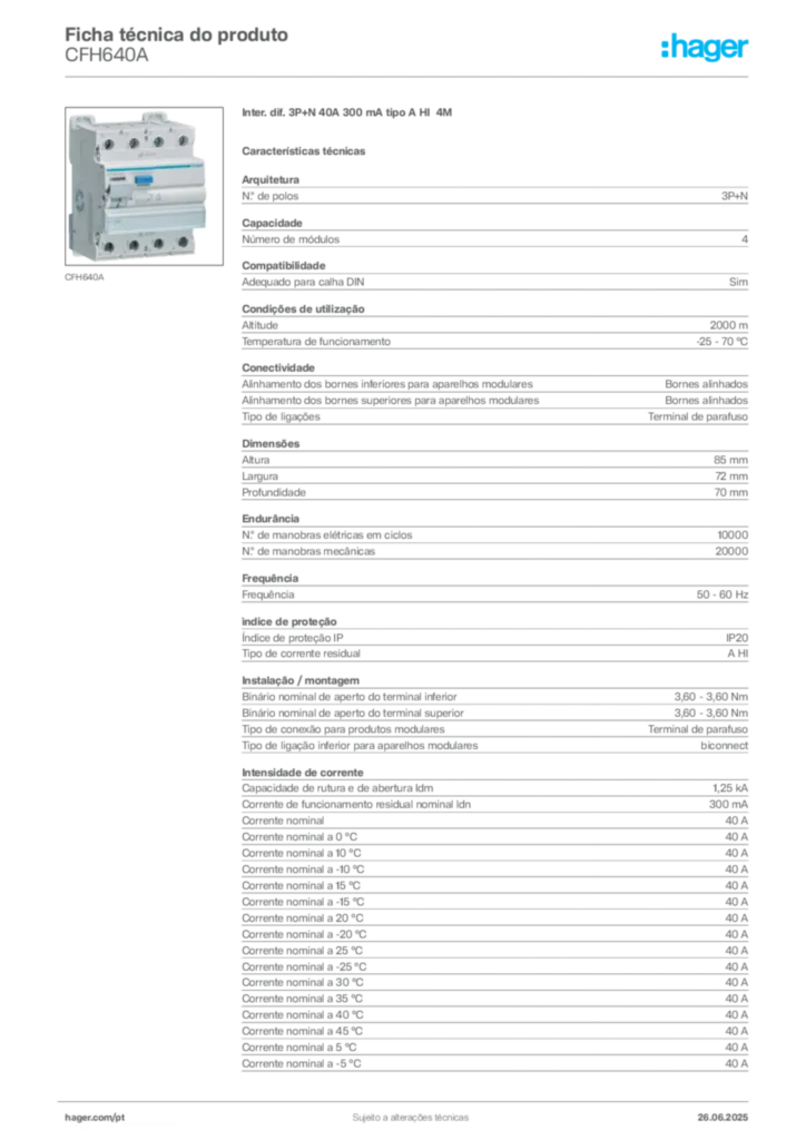 Imagem Hager Ficha técnica do produto CFH640A | Hager Portugal