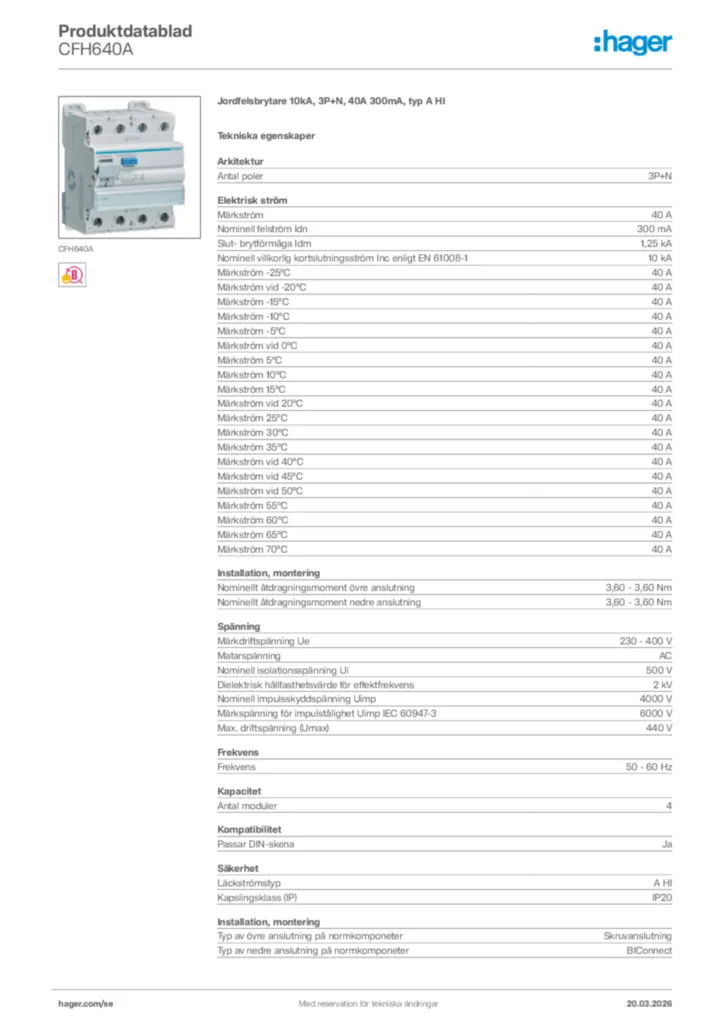 Bild Hager Produktdatablad CFH640A | Hager Sverige