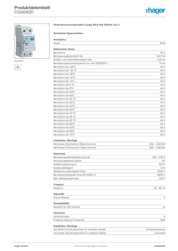 Bild Hager Produktdatenblatt CGA540D | Hager Deutschland