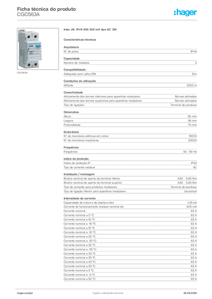 Imagem Hager Ficha técnica do produto CGC563A | Hager Portugal