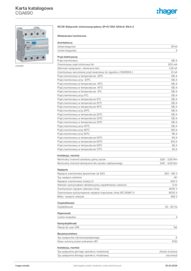 Zdjęcie Hager Karta katalogowa CGA690 | Hager Polska