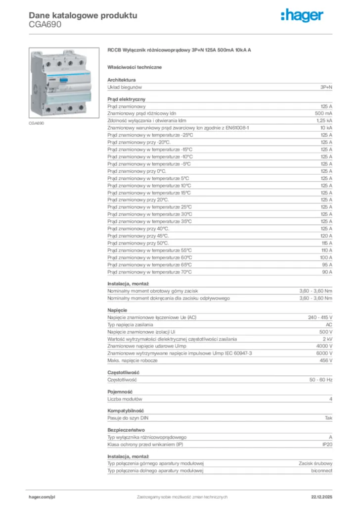 Zdjęcie Hager Dane katalogowe produktu CGA690 | Hager Polska