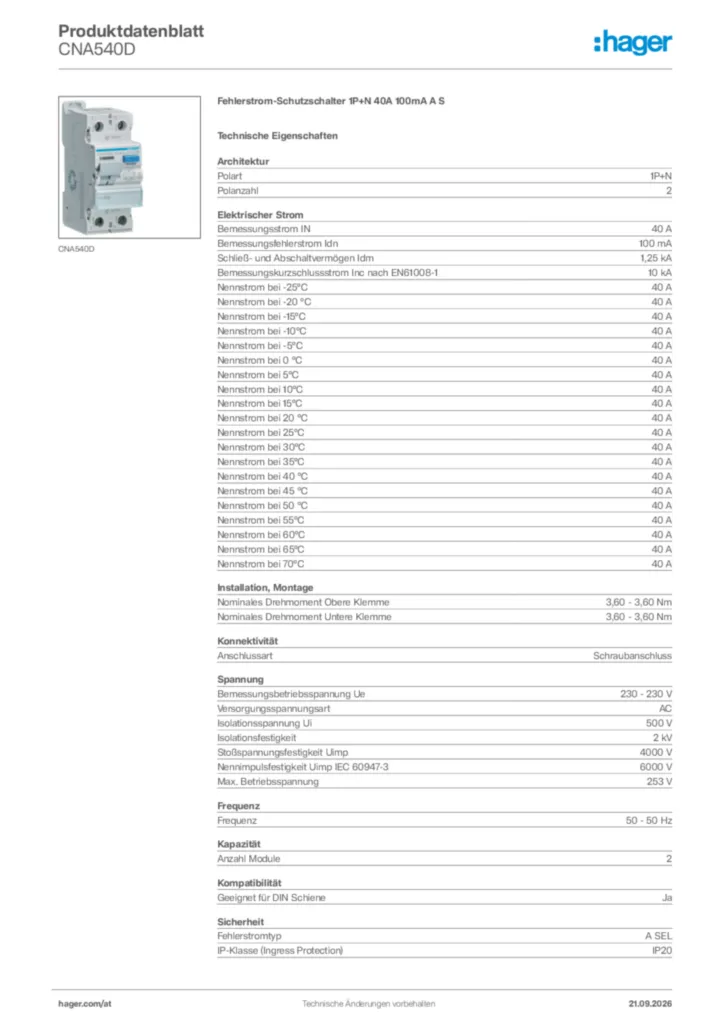 Bild Hager Produktdatenblatt CNA540D | Hager Deutschland