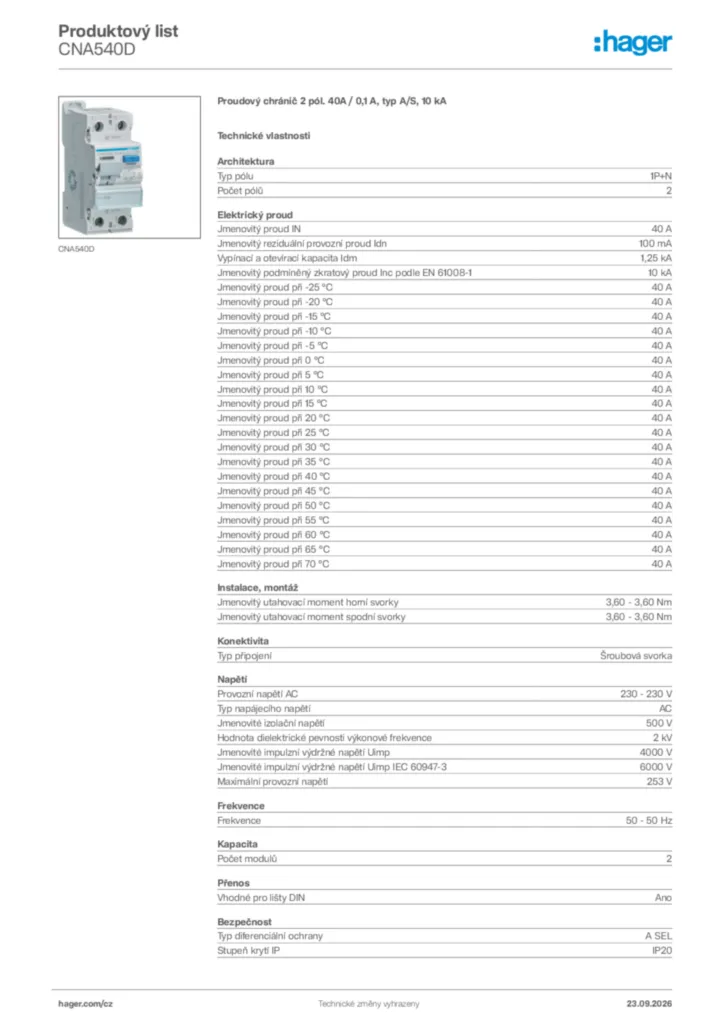 Obrázek Hager Generováno - Datový list produktu CNA540D | Hager