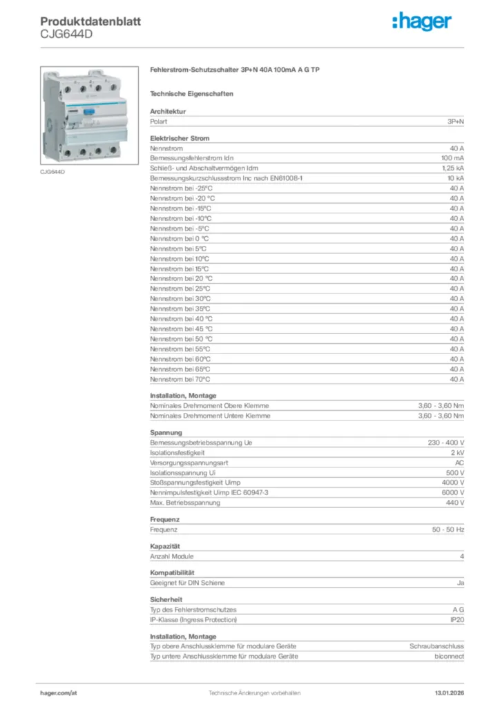 Bild Hager Produktdatenblatt CJG644D | Hager Deutschland