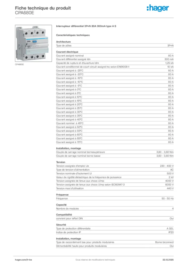 Image Hager Fiche technique du produit CPA680E | Hager Belgique
