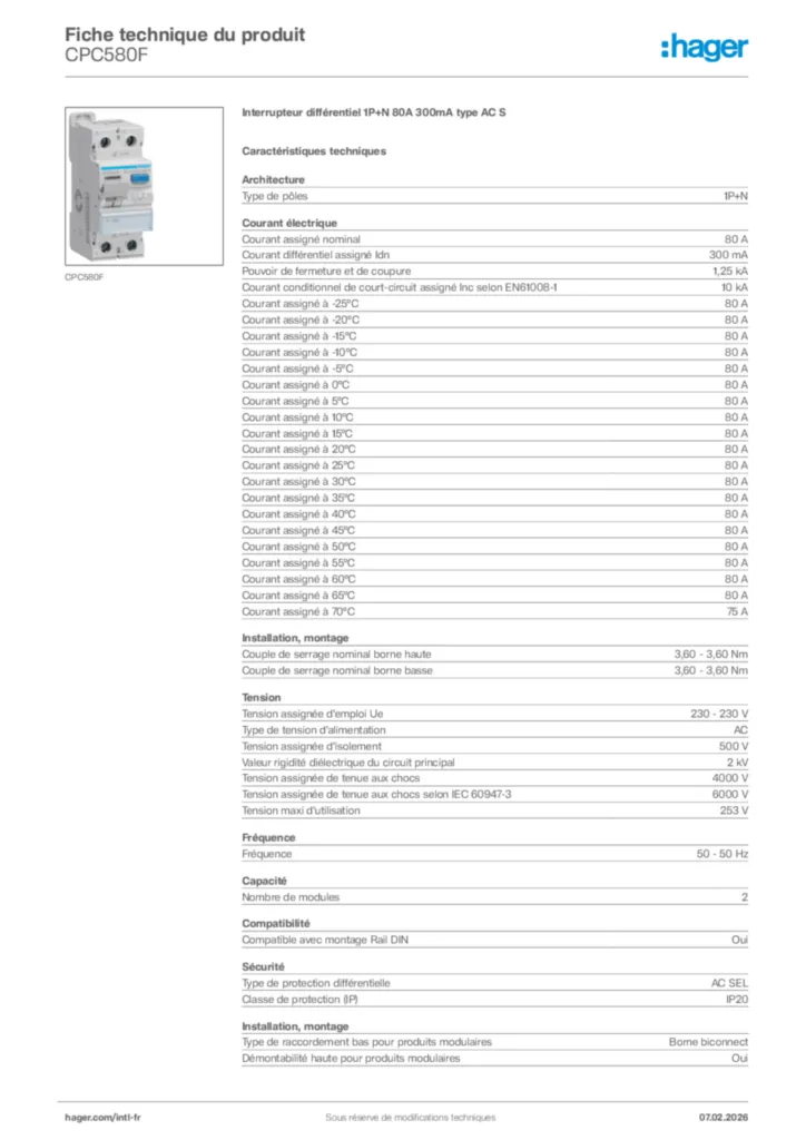 Image Hager Fiche technique du produit CPC580F | Hager Afrique